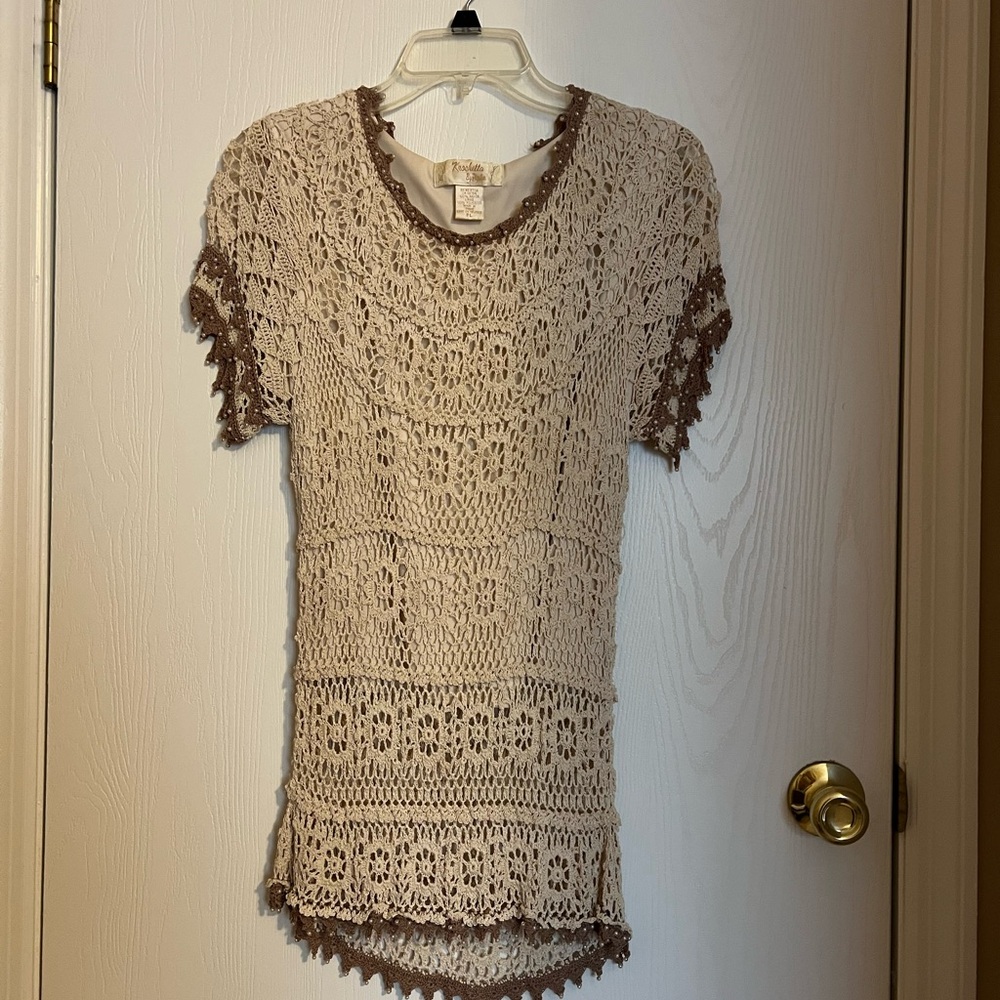 Vintage crocheted overlay top, beaded sleeves and neckline size petite large